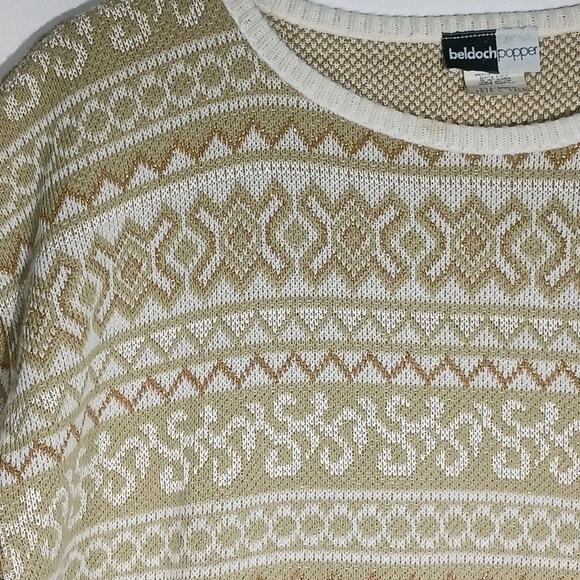 Vintage Beldoch Popper Womens Large Tall Tan and Ivory Fair Isle Knit Sweater - Picture 3 of 7